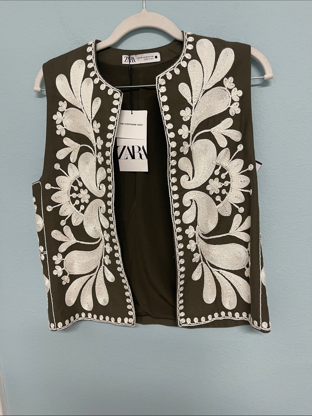 Zara Olive Green Vest with White Embroidered Floral Motif